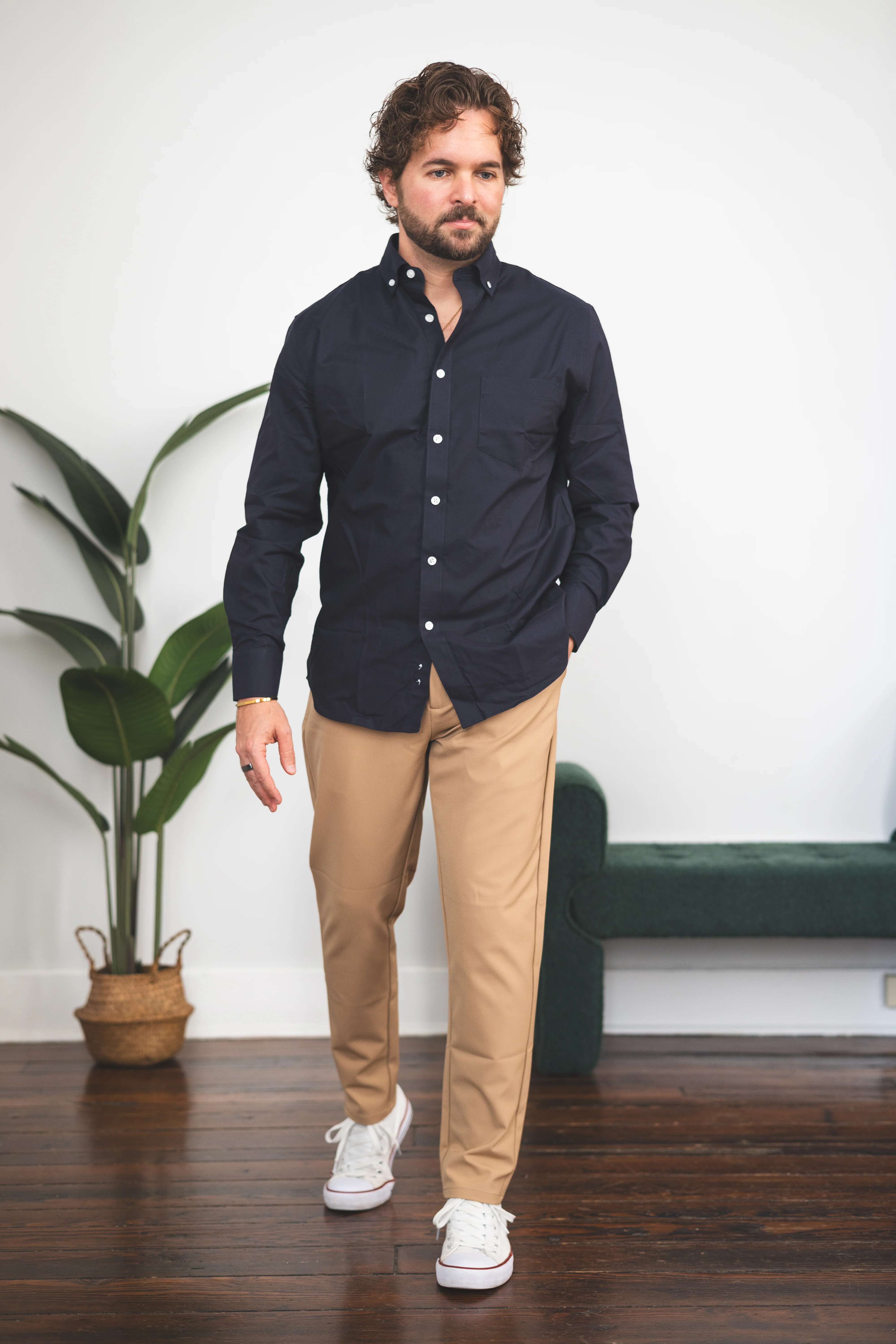 Stretch Oxford Button Down Shirt Navy - Image 3