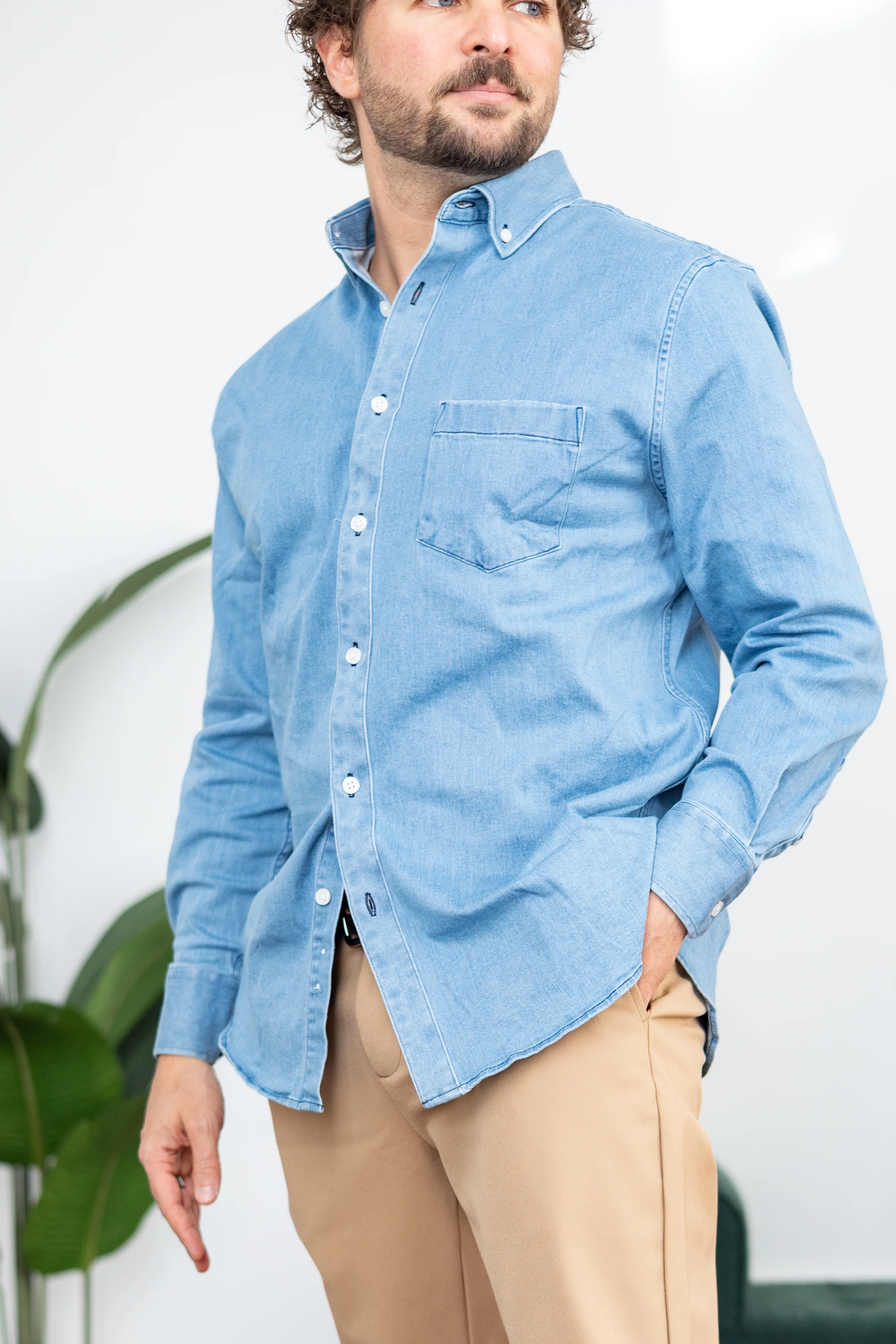Stretch Denim Button Down Shirt Light Wash - Image 2